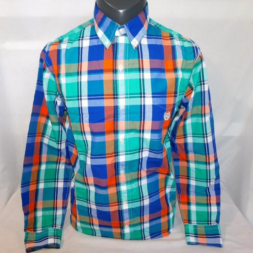 CHAPS Easy Care Plaid Button Front Down Long Sleeve Shirt Mens M Orange Blue
